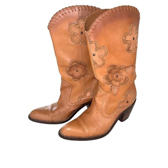 MIA Shoes - Mia Womens Cowgirl Boots Size 6 Leather Western Candida Boho Floral Tan 3D